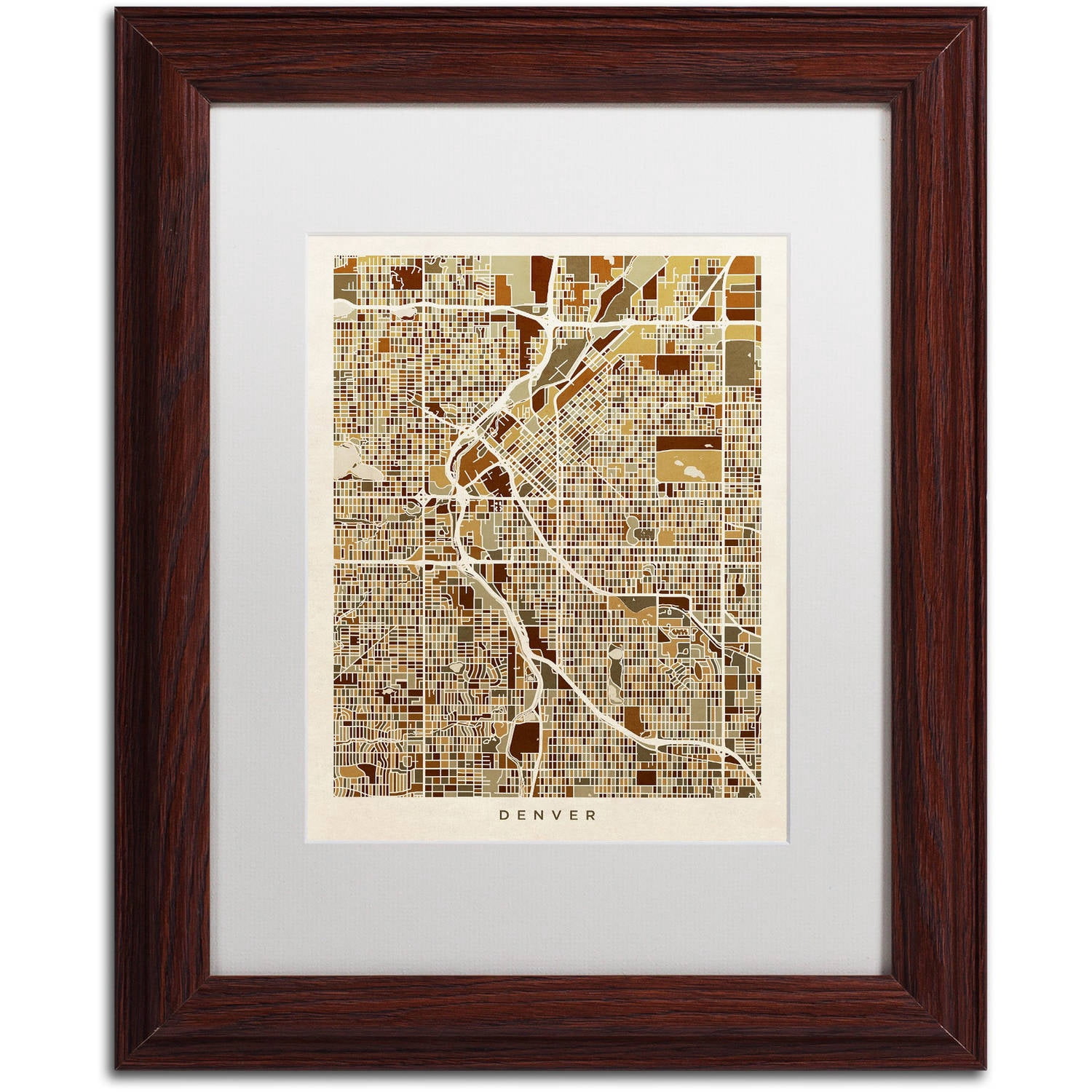 Trademark Fine Art "Denver CO Street Map Brown" Canvas Art by Michael Tompsett, White Matte, Wood Frame