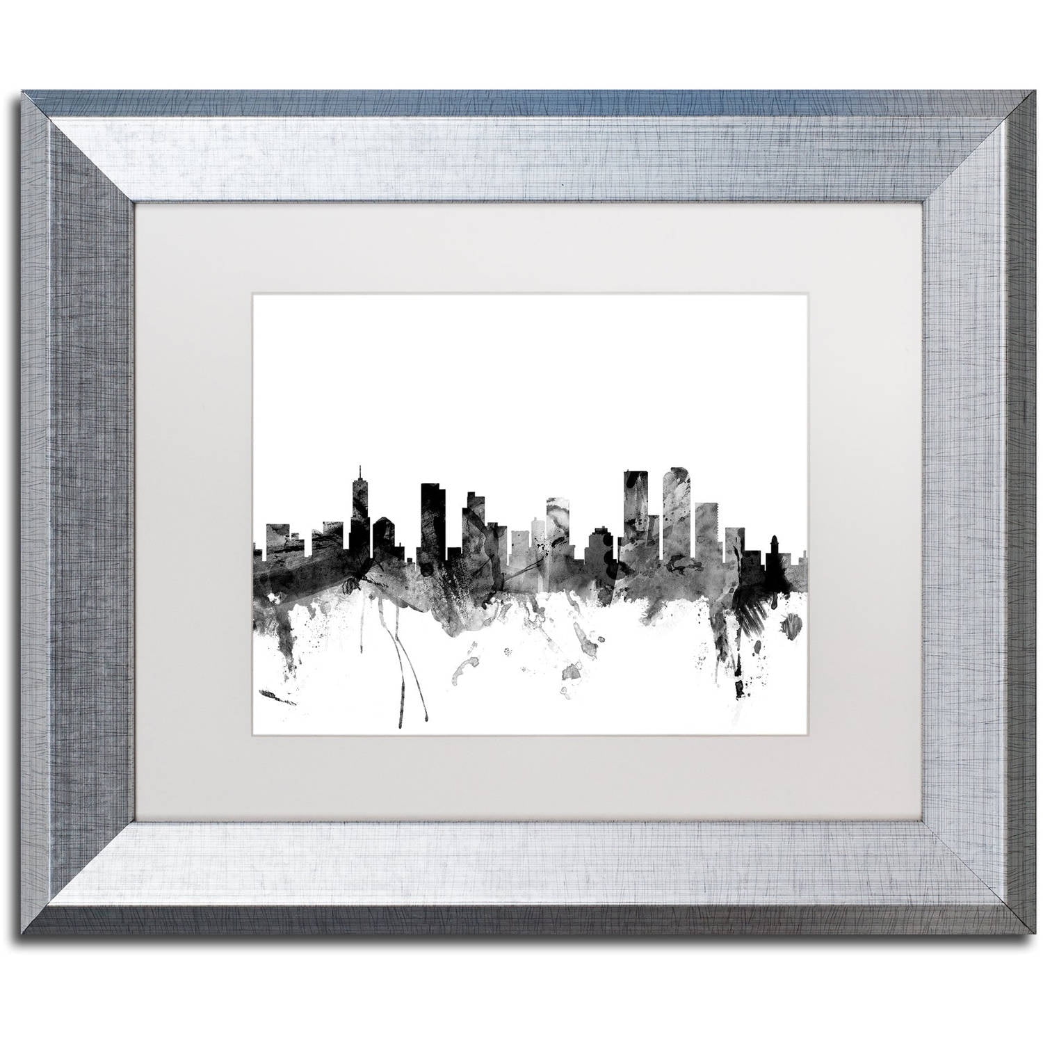 Trademark Fine Art "Denver Colorado Skyline B&W" Canvas Art by Michael Tompsett, White Matte, Silver Frame