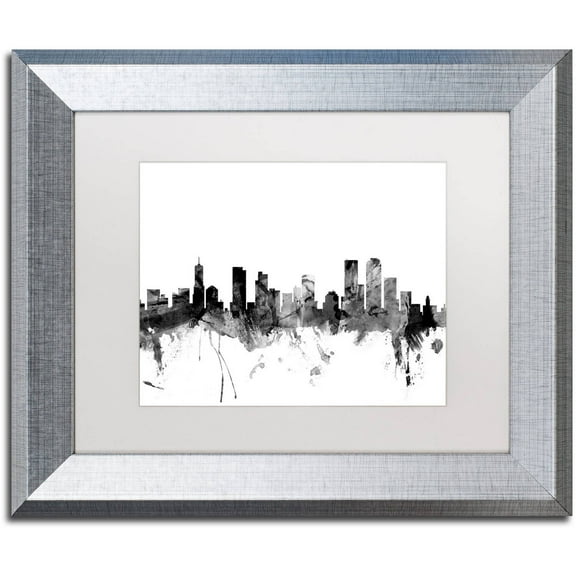 Trademark Fine Art "Denver Colorado Skyline B&W" Canvas Art by Michael Tompsett, White Matte, Silver Frame