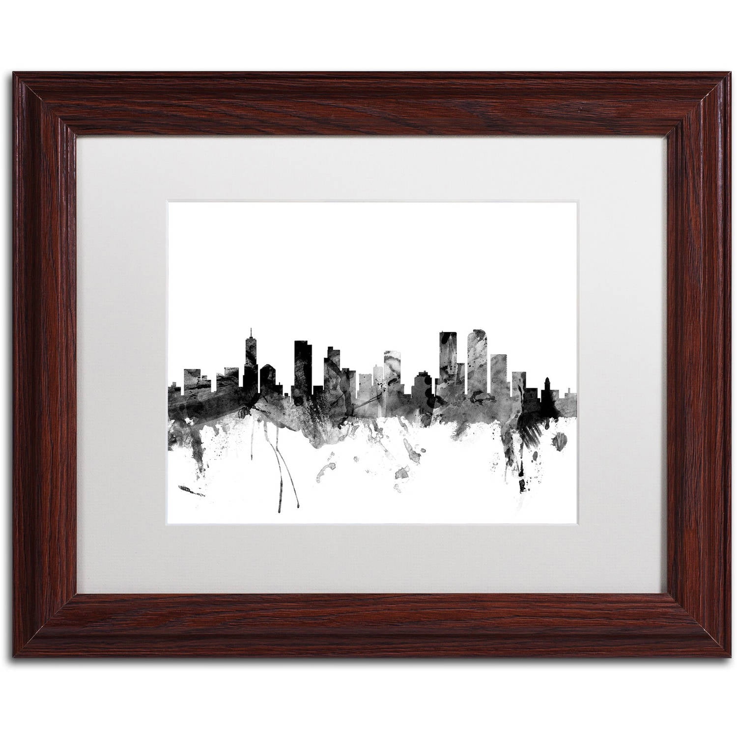 Trademark Fine Art "Denver Colorado Skyline B&W" Canvas Art by Michael Tompsett, White Matte, Wood Frame