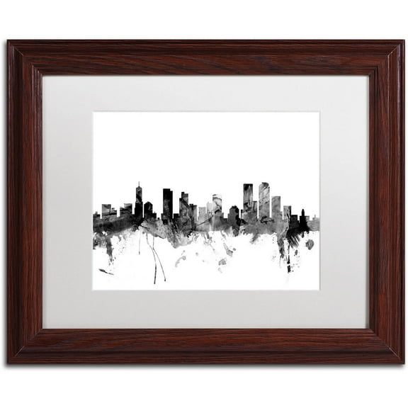 Trademark Fine Art "Denver Colorado Skyline B&W" Canvas Art by Michael Tompsett, White Matte, Wood Frame
