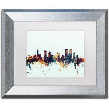 Trademark Fine Art "Denver Colorado Skyline Blue" Canvas Art by Michael Tompsett, White Matte, Silver Frame