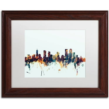 Trademark Fine Art "Denver Colorado Skyline Blue" Canvas Art by Michael Tompsett, White Matte, Wood Frame
