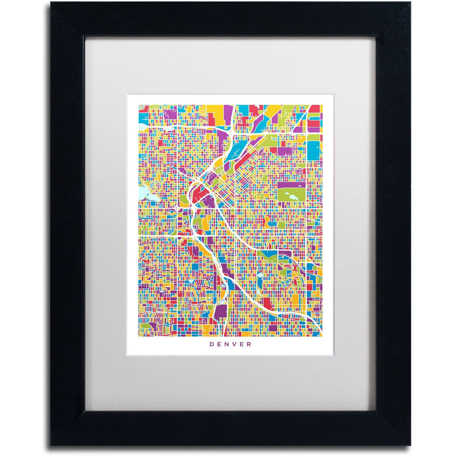 Trademark Fine Art "Denver Colorado Street Map 2" Canvas Art by Michael Tompsett, White Matte, Black Frame
