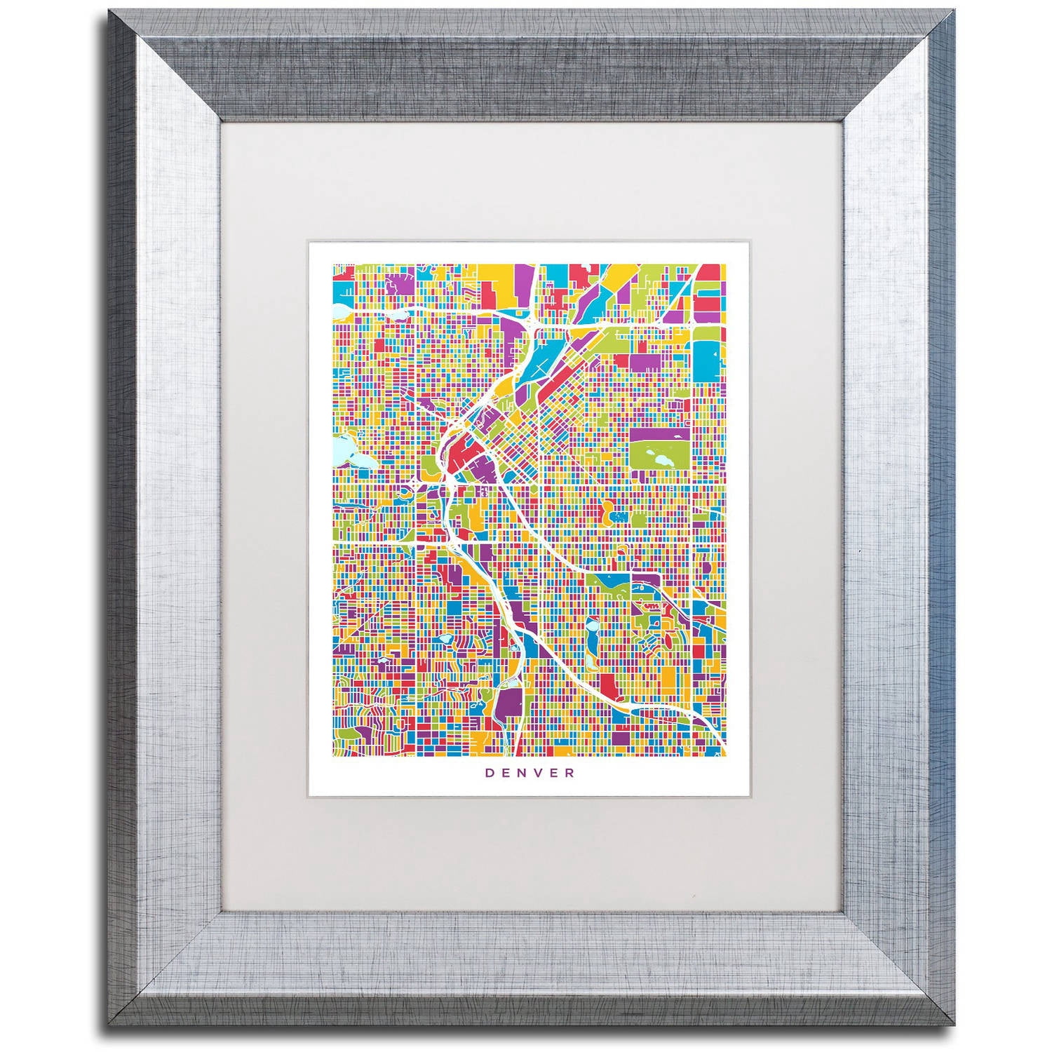 Trademark Fine Art "Denver Colorado Street Map 2" Canvas Art by Michael Tompsett, White Matte, Silver Frame
