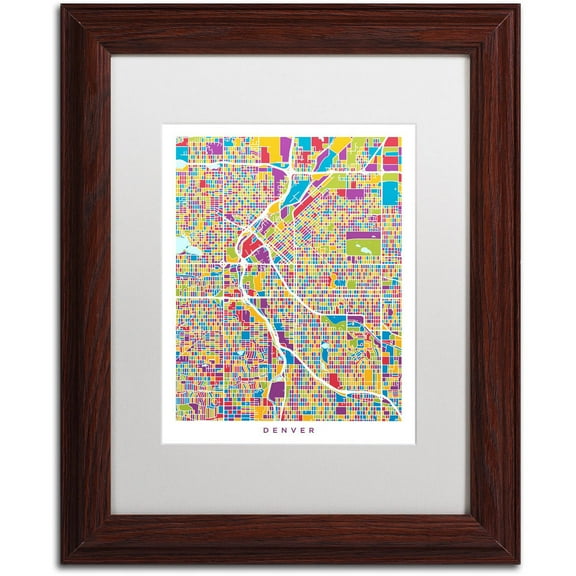 Trademark Fine Art "Denver Colorado Street Map 2" Canvas Art by Michael Tompsett, White Matte, Wood Frame