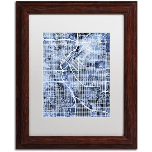Trademark Fine Art "Denver Colorado Street Map B&W" Canvas Art by Michael Tompsett, White Matte, Wood Frame