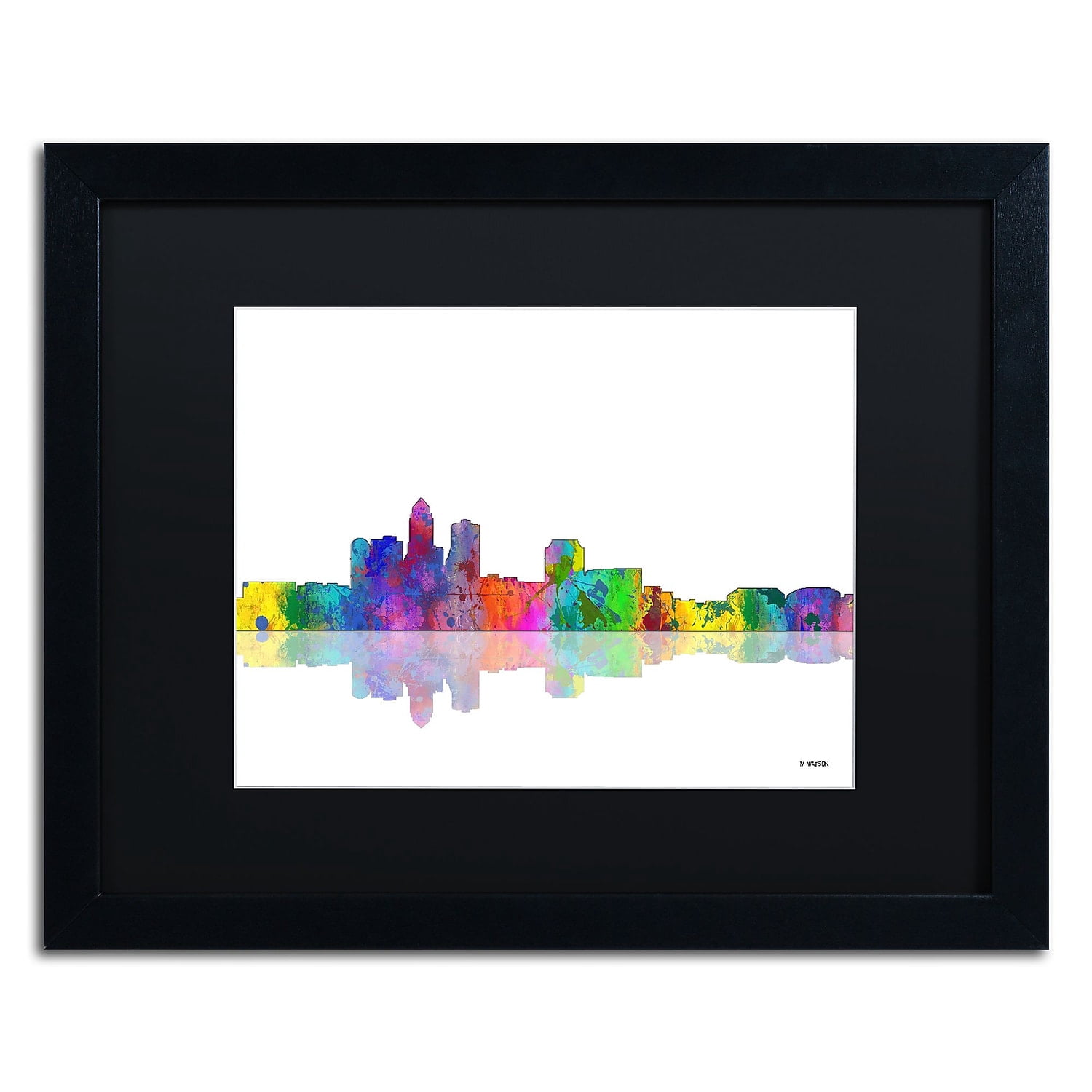 Trademark Fine Art "Des Moines Iowa Skyline" Canvas Art by Marlene Watson Black Mat, Black Frame