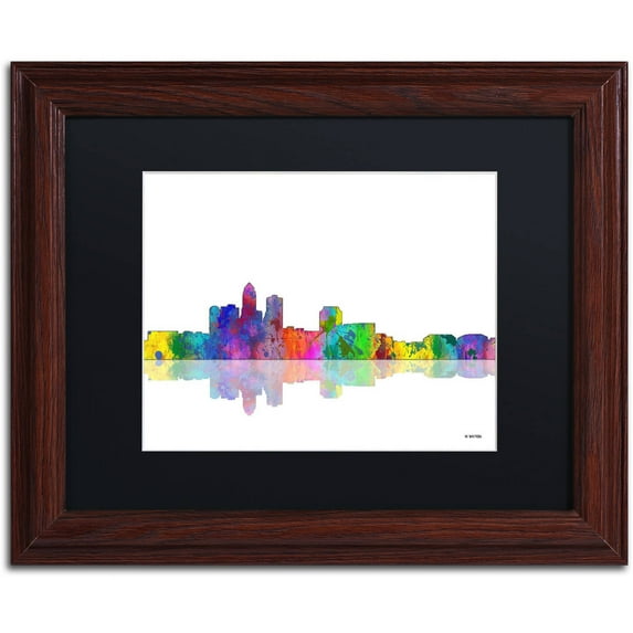 Trademark Fine Art "Des Moines Iowa Skyline" Canvas Art by Marlene Watson Black Mat, Wood Frame