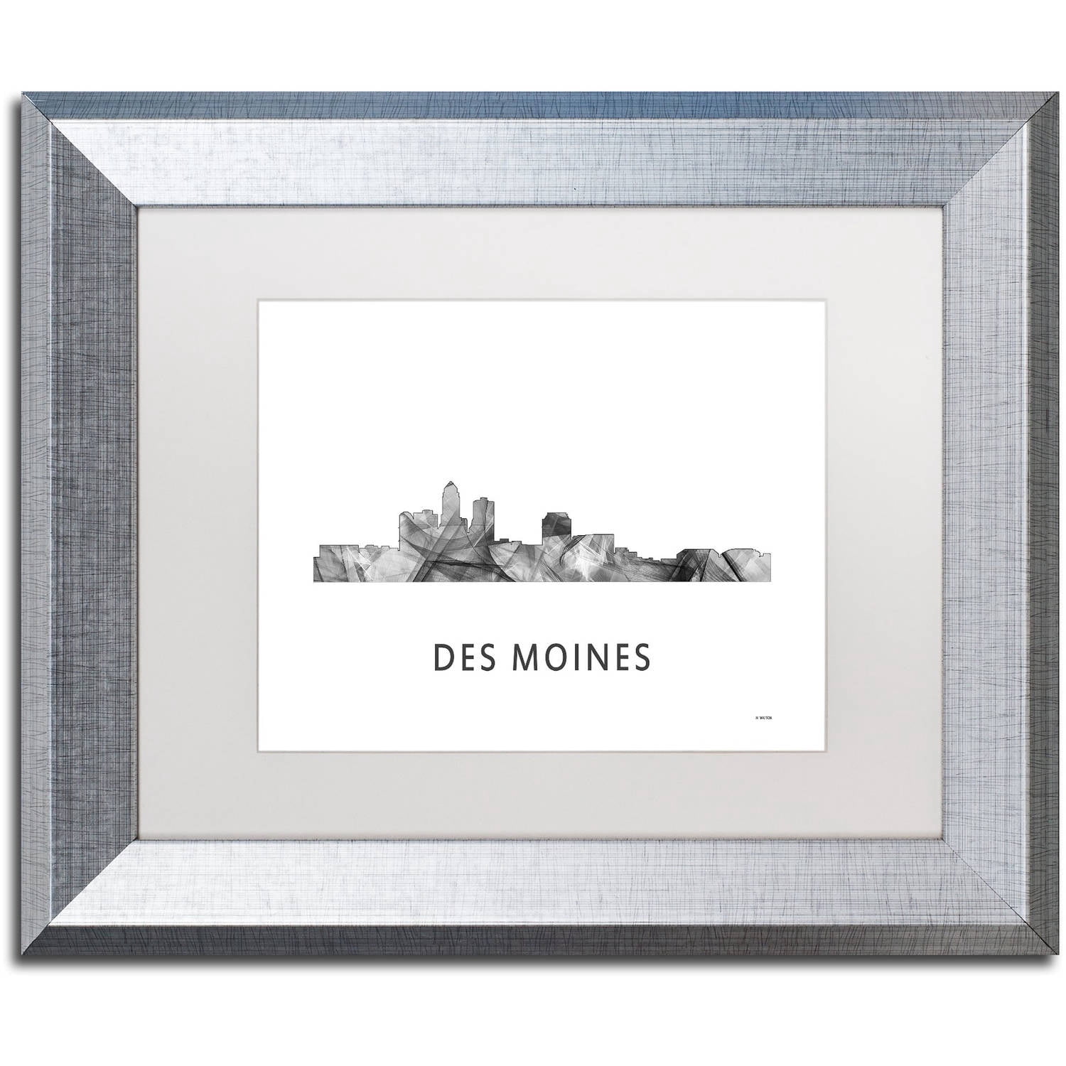 Trademark Fine Art 'Des Moines Iowa Skyline WB-BW' Canvas Art by Marlene Watson, White Matte, Silver Frame