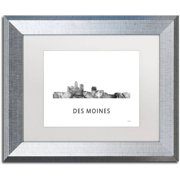 Trademark Fine Art 'Des Moines Iowa Skyline WB-BW' Canvas Art by Marlene Watson, White Matte, Silver Frame