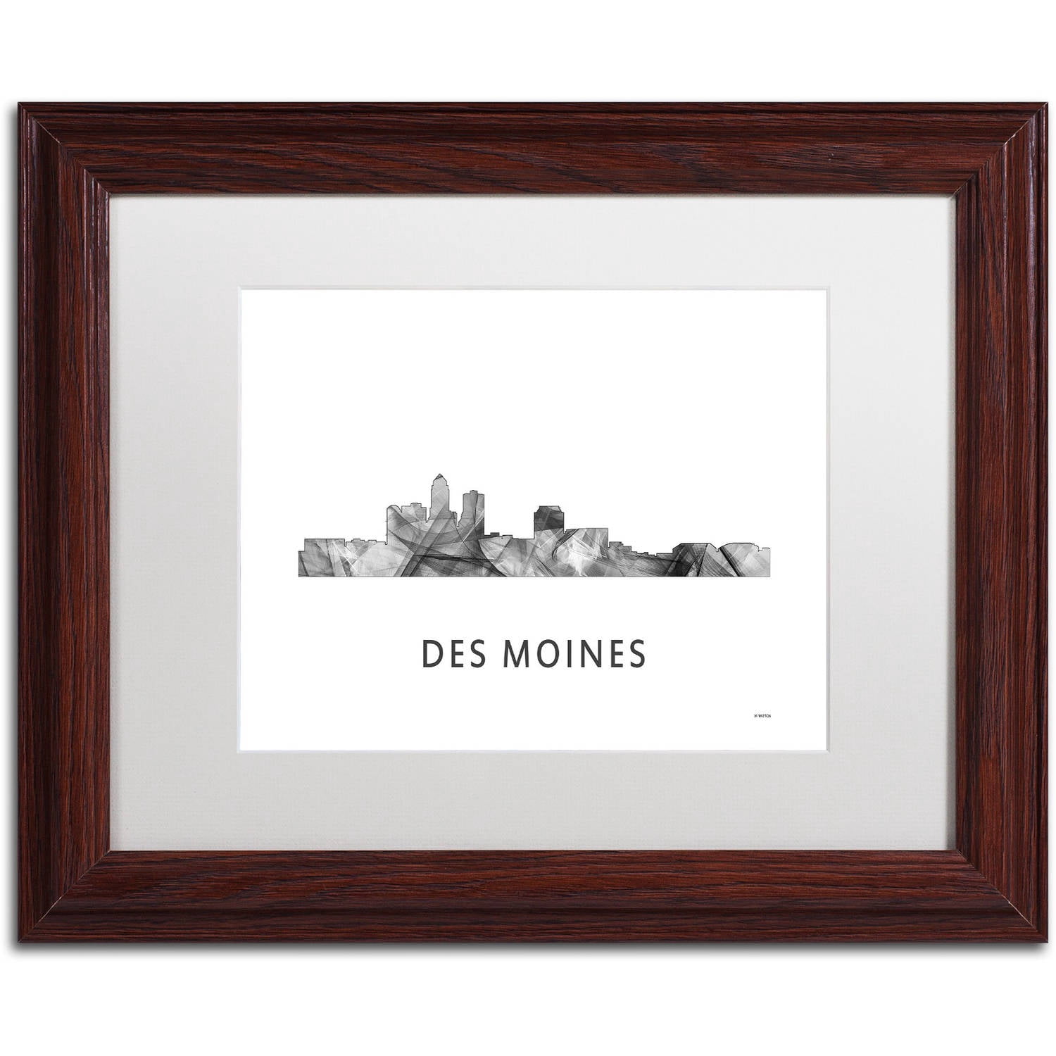 Trademark Fine Art 'Des Moines Iowa Skyline WB-BW' Canvas Art by Marlene Watson, White Matte, Wood Frame