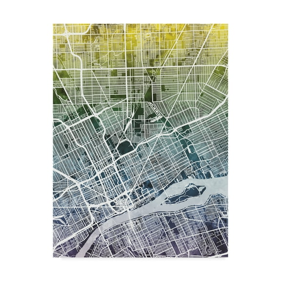 Trademark Fine Art 'Detroit Michigan City Map Blue Yellow' Canvas Art by Michael Tompsett