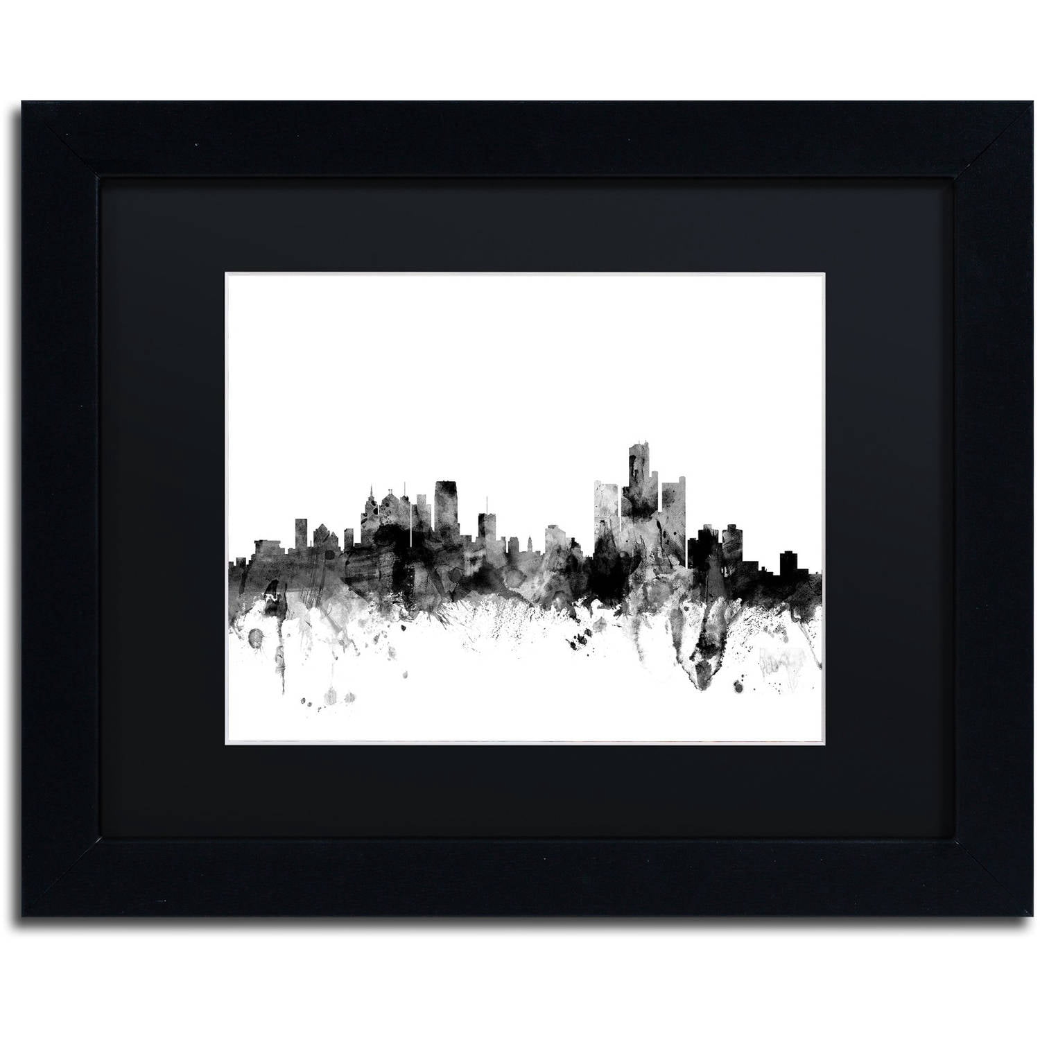 Trademark Fine Art "Detroit Michigan Skyline B&W" Canvas Art by Michael Tompsett, Black Matte, Black Frame