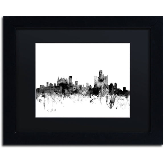Trademark Fine Art "Detroit Michigan Skyline B&W" Canvas Art by Michael Tompsett, Black Matte, Black Frame