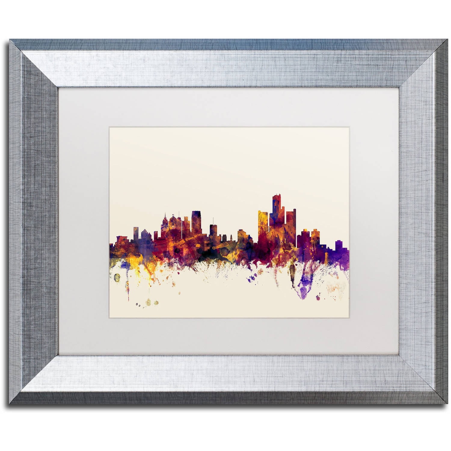 Trademark Fine Art "Detroit Michigan Skyline" Canvas Art by Michael Tompsett, White Matte, Silver Frame