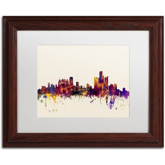 Trademark Fine Art "Detroit Michigan Skyline" Canvas Art by Michael Tompsett, White Matte, Wood Frame