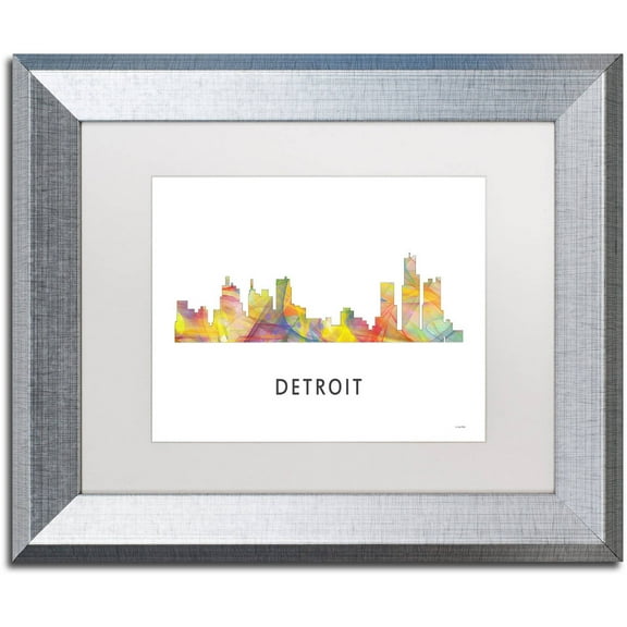 Trademark Fine Art 'Detroit Michigan Skyline WB-1' Canvas Art by Marlene Watson, White Matte, Silver Frame