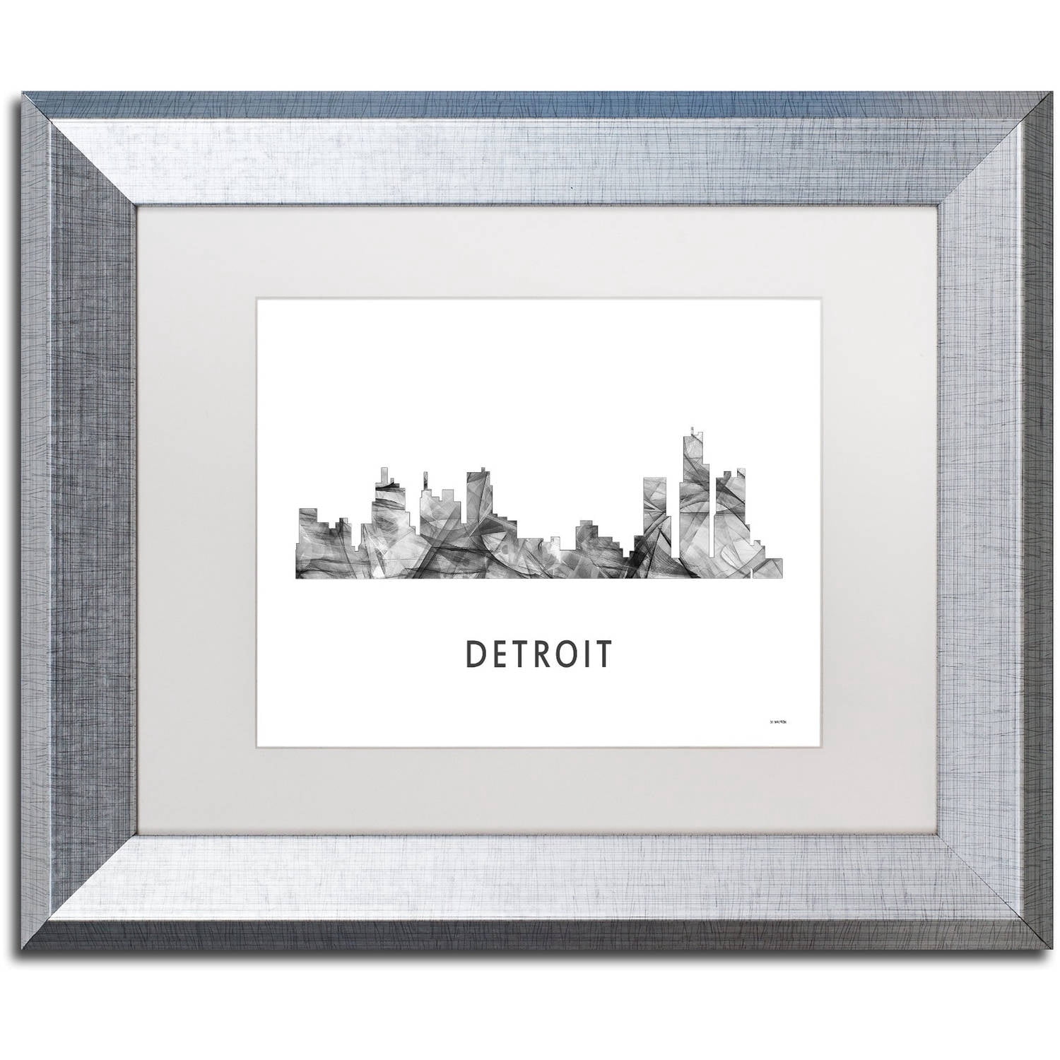 Trademark Fine Art 'Detroit Michigan Skyline WB-BW' Canvas Art by Marlene Watson, White Matte, Silver Frame