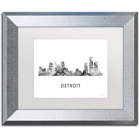 Trademark Fine Art 'Detroit Michigan Skyline WB-BW' Canvas Art by Marlene Watson, White Matte, Silver Frame