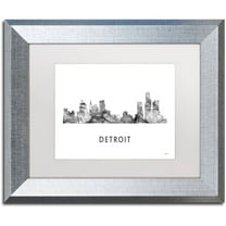 Trademark Fine Art 'Detroit Michigan Skyline WB-BW' Canvas Art by Marlene Watson, White Matte, Silver Frame