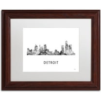 Trademark Fine Art 'Detroit Michigan Skyline WB-BW' Canvas Art by Marlene Watson, White Matte, Wood Frame