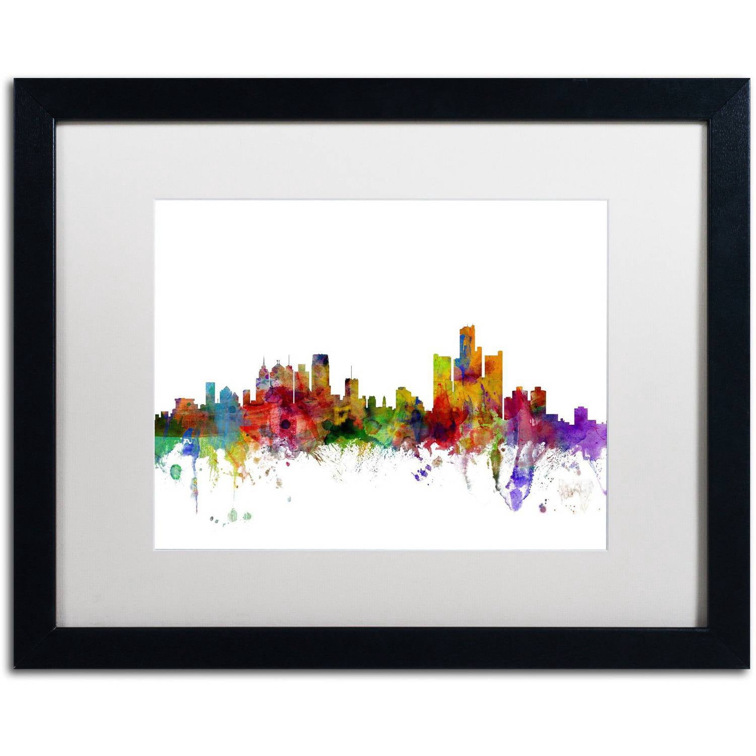 Trademark Fine Art ''Detroit Michigan Skyline'' by Michael Tompsett 16" x 20" White Matted Black Frame (MT0557-B1620MF)