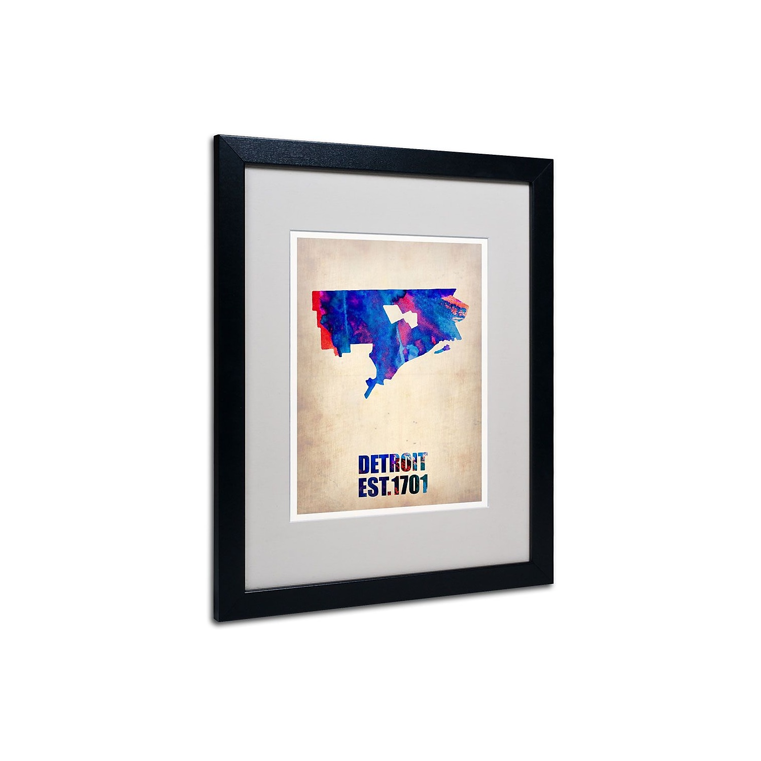 Trademark Fine Art "Detroit Watercolor Map" Matted Framed Art by Naxart, Black Frame