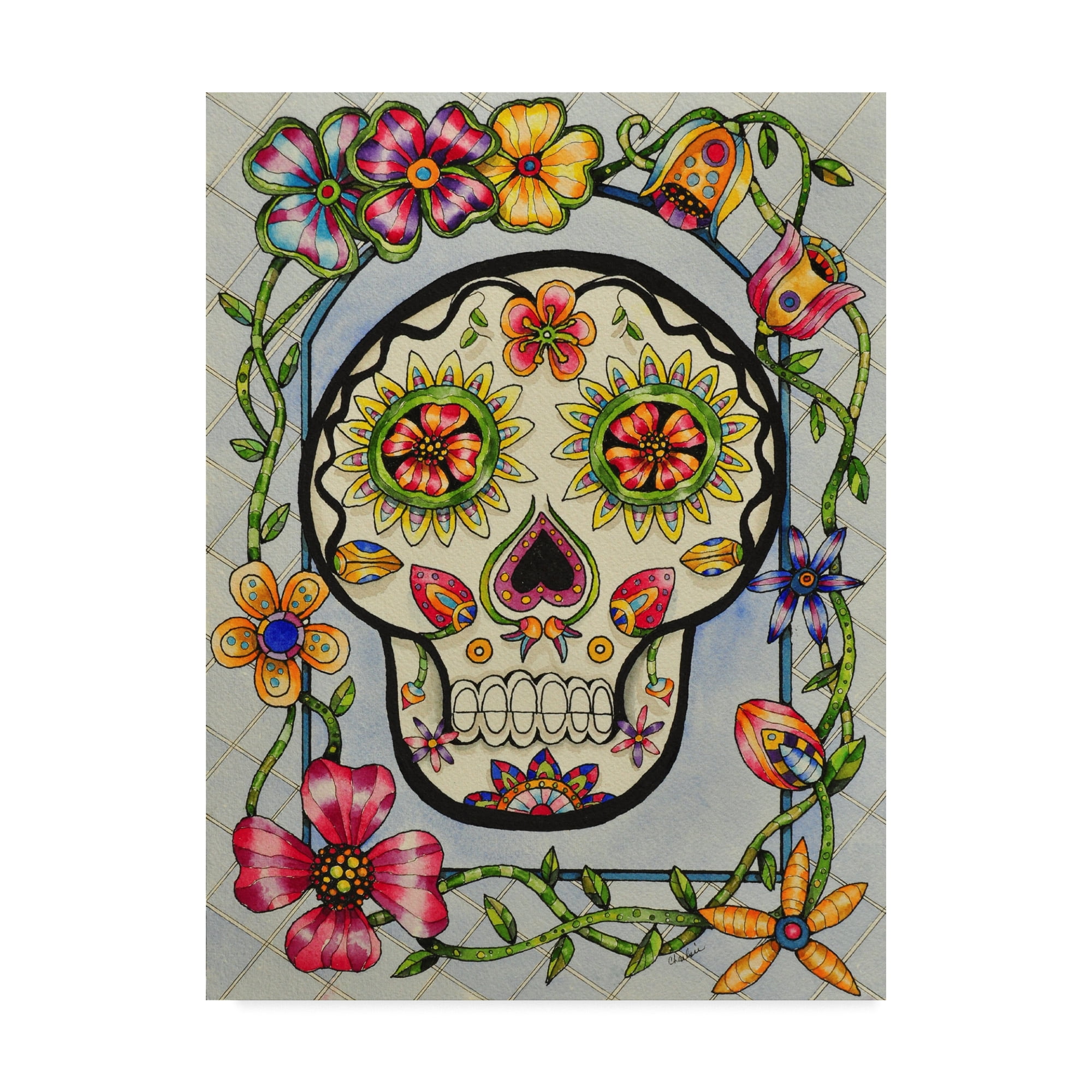 Floral Skull with Colorful Flowers Framed Canvas Art