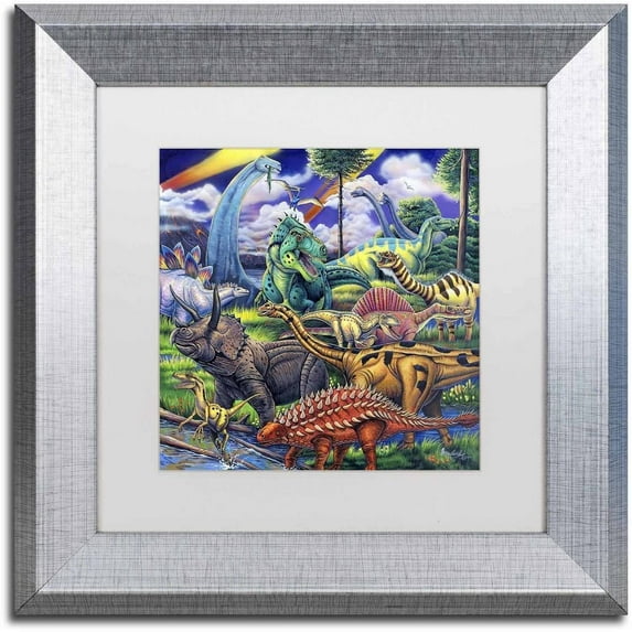 Trademark Fine Art 'Dinosaur Friends' Canvas Art by Jenny Newland, White Matte, Silver Frame