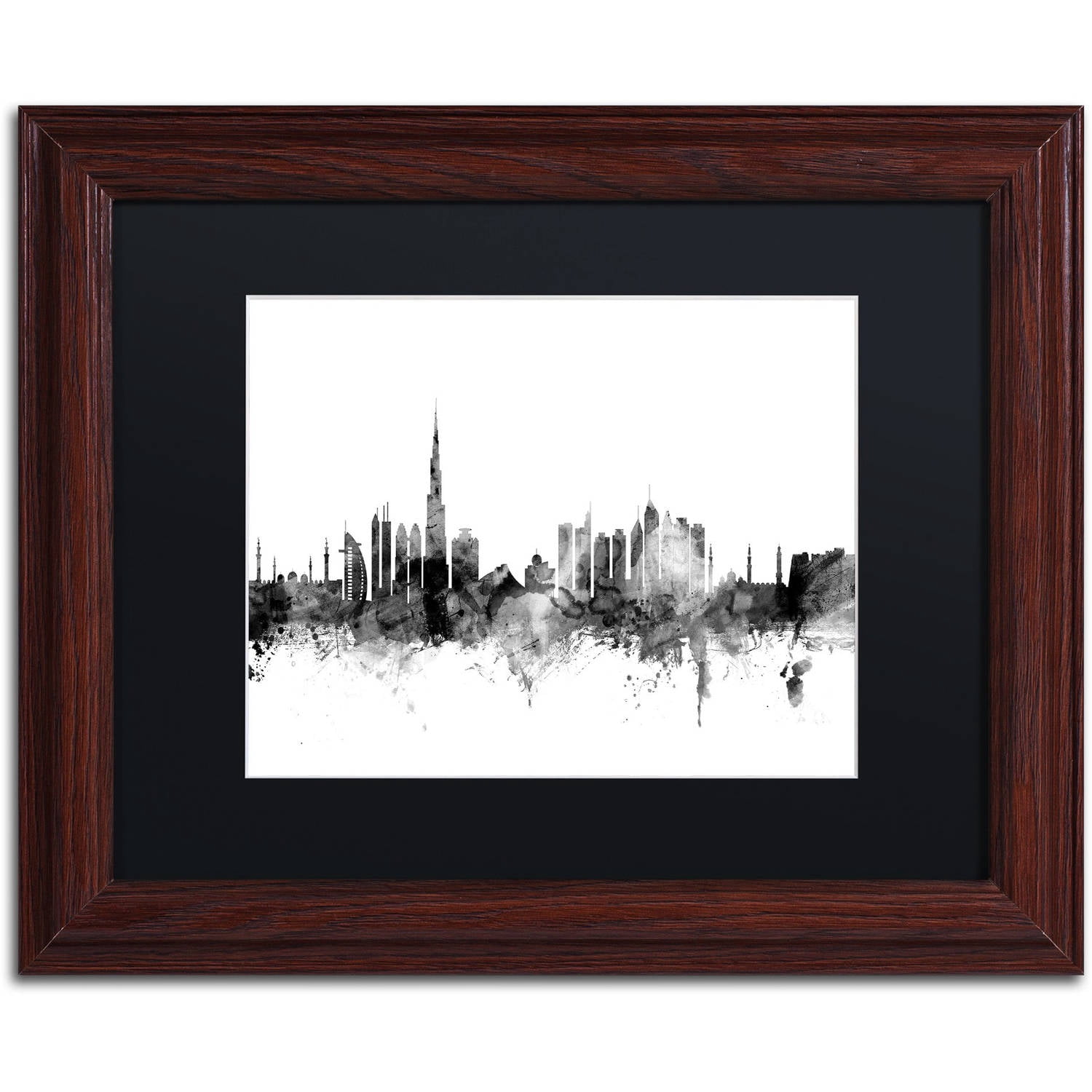 Trademark Fine Art "Dubai Skyline B&W" Canvas Art by Michael Tompsett, Black Matte, Wood Frame
