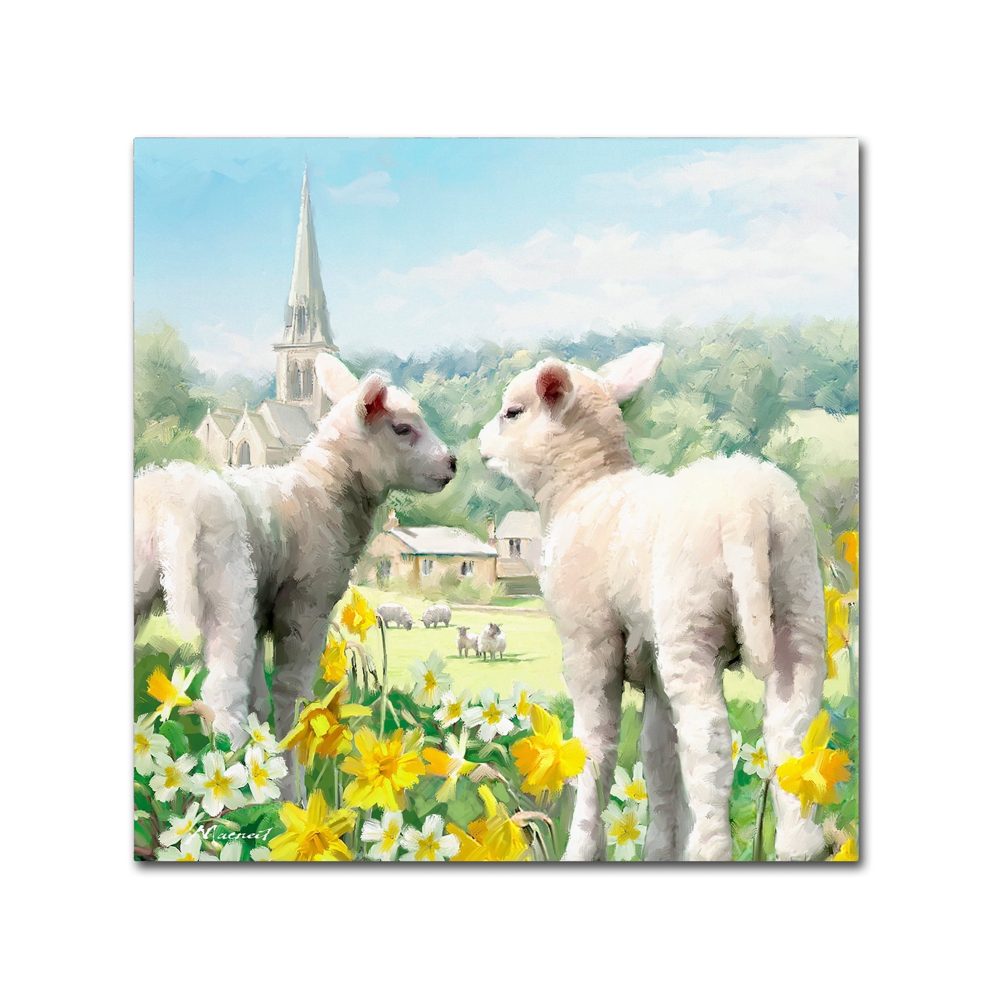Easter Lambs White and Yellow Canvas Wall Art