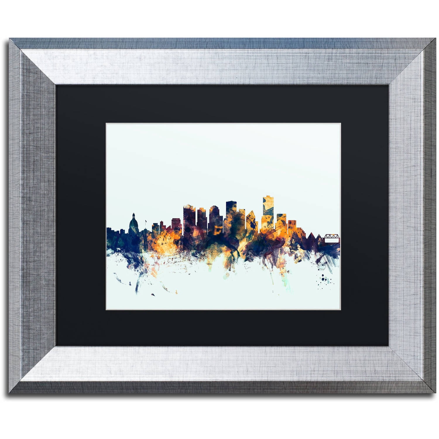 Trademark Fine Art "Edmonton Canada Skyline Blue" Canvas Art by Michael Tompsett, Black Matte, Silver Frame