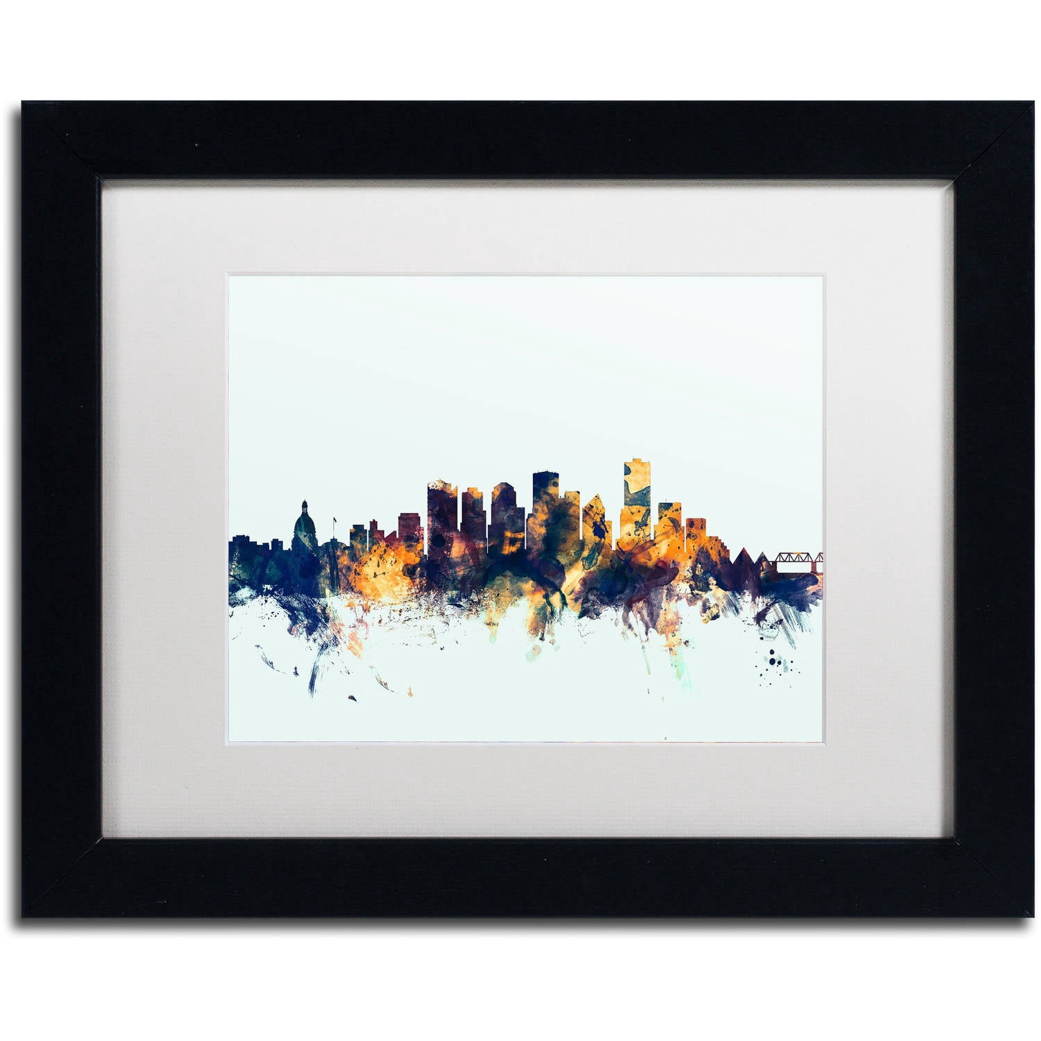 Trademark Fine Art "Edmonton Canada Skyline Blue" Canvas Art by Michael Tompsett, White Matte, Black Frame
