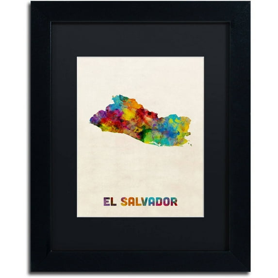 Trademark Fine Art "El Salvador Watercolor Map" Canvas Art by Michael Tompsett, Black Matte, Black Frame
