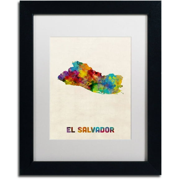 Trademark Fine Art "El Salvador Watercolor Map" Canvas Art by Michael Tompsett, White Matte, Black Frame
