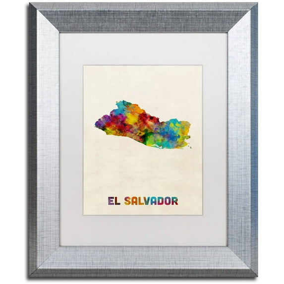 Trademark Fine Art "El Salvador Watercolor Map" Canvas Art by Michael Tompsett, White Matte, Silver Frame