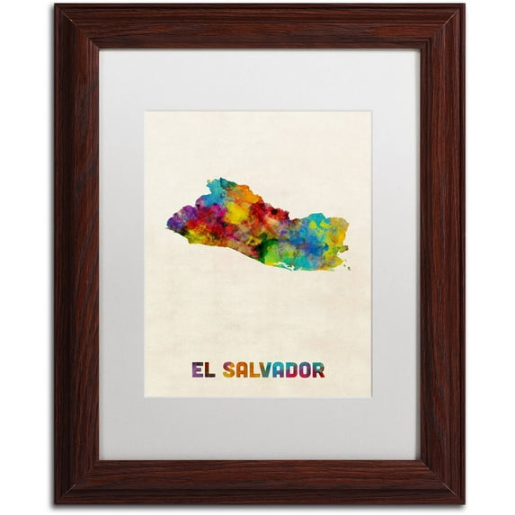 Trademark Fine Art "El Salvador Watercolor Map" Canvas Art by Michael Tompsett, White Matte, Wood Frame