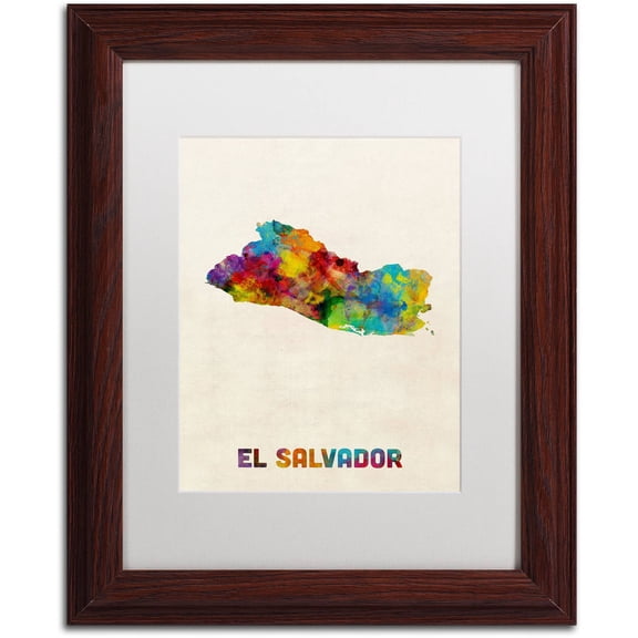 Trademark Fine Art "El Salvador Watercolor Map" Canvas Art by Michael Tompsett, White Matte, Wood Frame