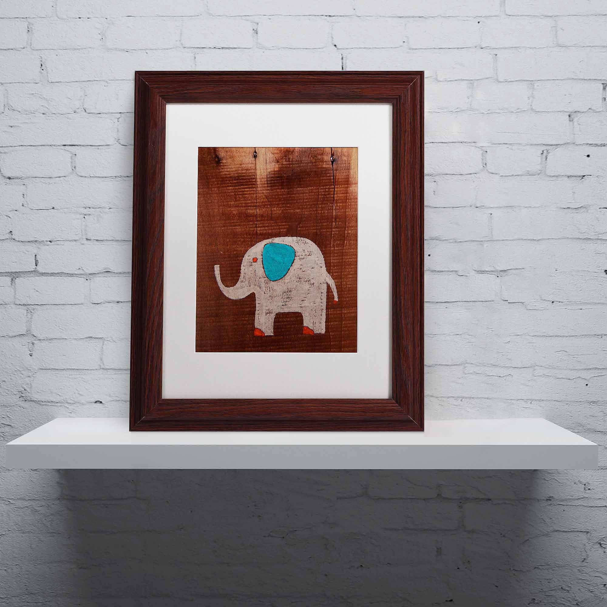 Trademark Fine Art "Elephant on Wood" Canvas Art by Nicole Dietz, White Matte/Wood Frame