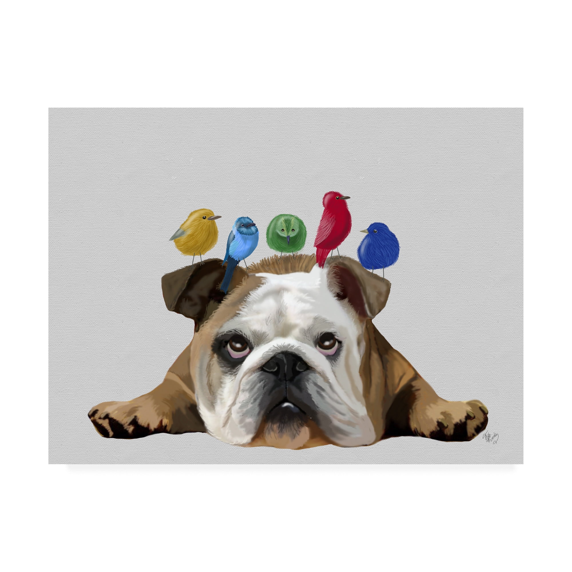 Trademark Fine Art 'English Bulldog and Birds' Canvas Art by Fab Funky