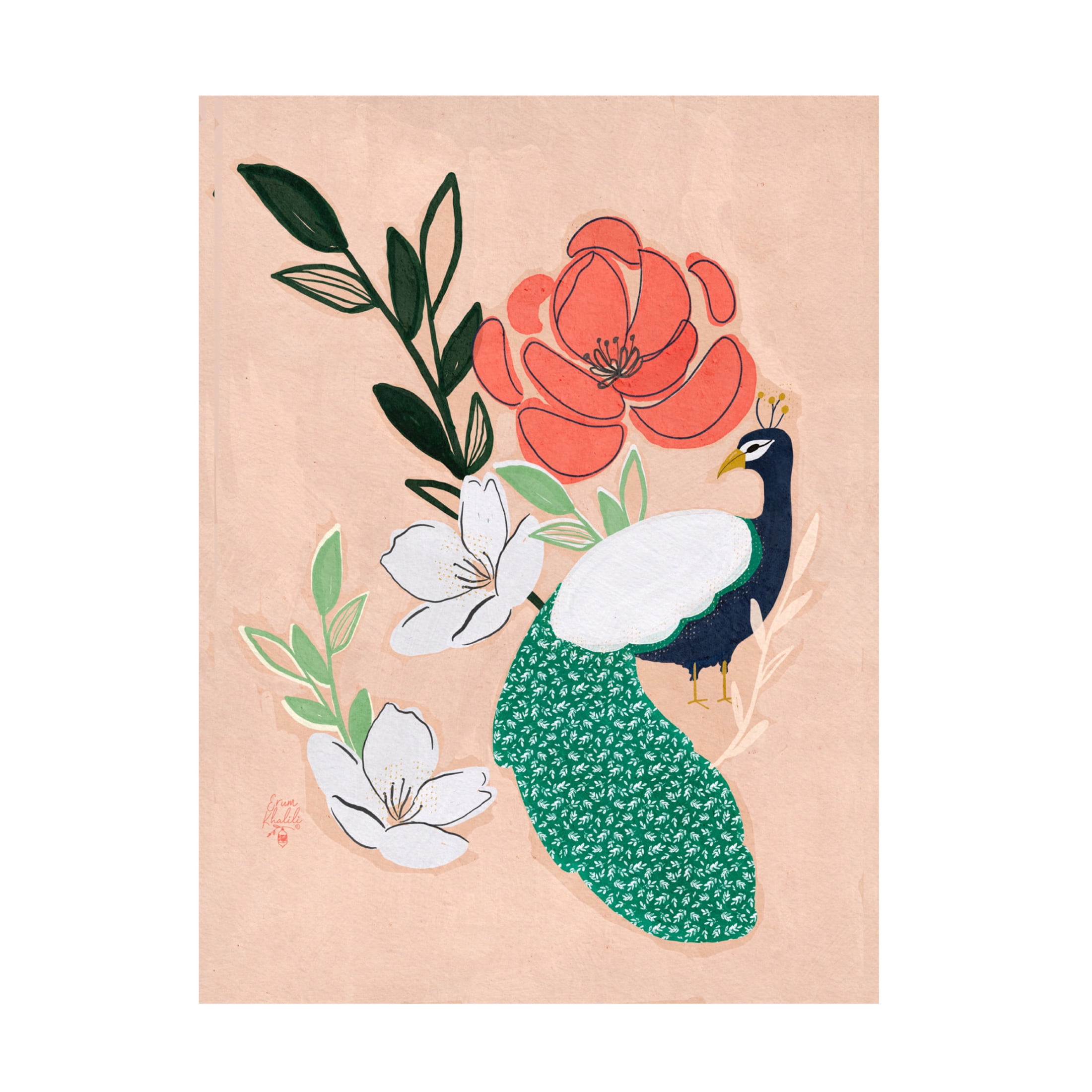 Trademark Fine Art Erum Khalili  Peacock and Florals Canvas Wall Art
