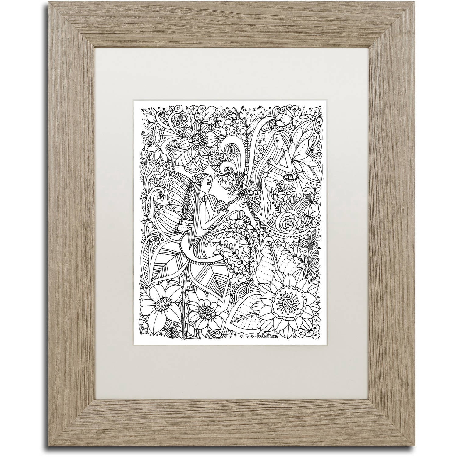 Trademark Fine Art "Fairies and Woodland Creatures 4" Canvas Art by KCDoodleArt White Matte, Birch Frame