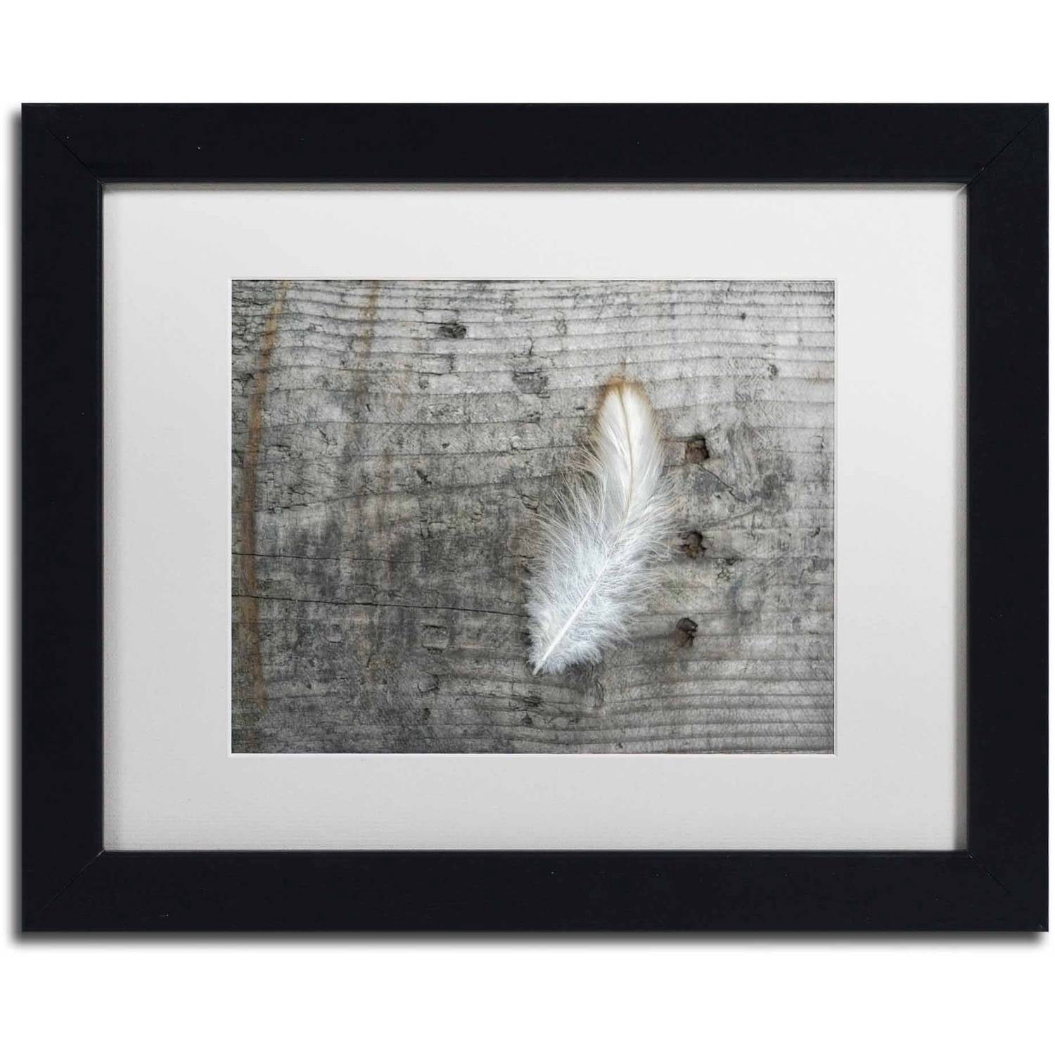 Trademark Fine Art 'Feather on Rough Wood' Canvas Art by Cora Niele, White Matte, Black Frame