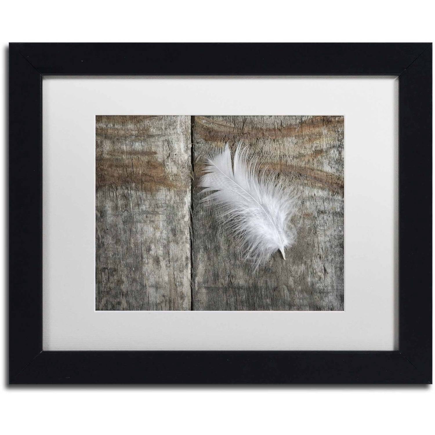 Trademark Fine Art 'Feather on Wood II' Canvas Art by Cora Niele, White Matte, Black Frame