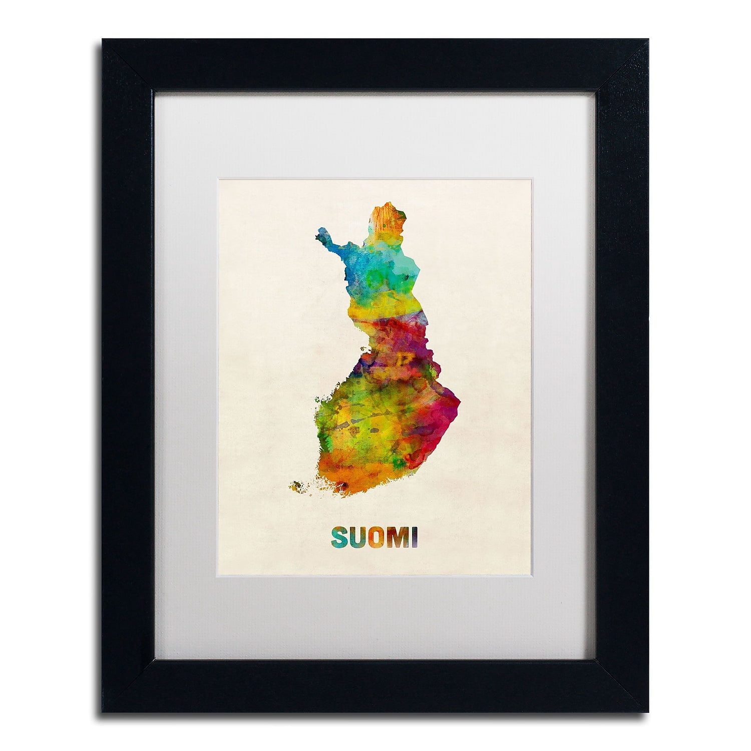 Trademark Fine Art "Finland Watercolor Map (Suomi)" Canvas Art by Michael Tompsett, White Matte, Black Frame