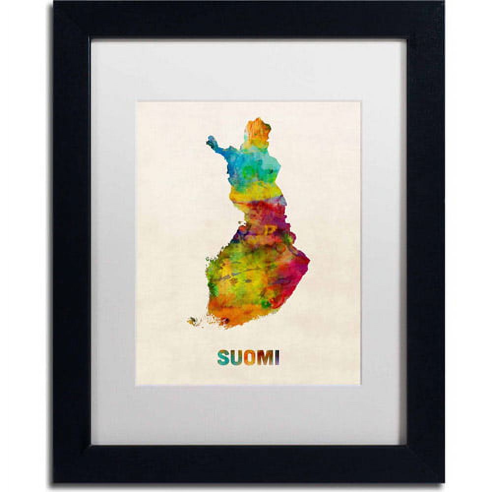 Trademark Fine Art "Finland Watercolor Map (Suomi)" Canvas Art by Michael Tompsett, White Matte, Black Frame