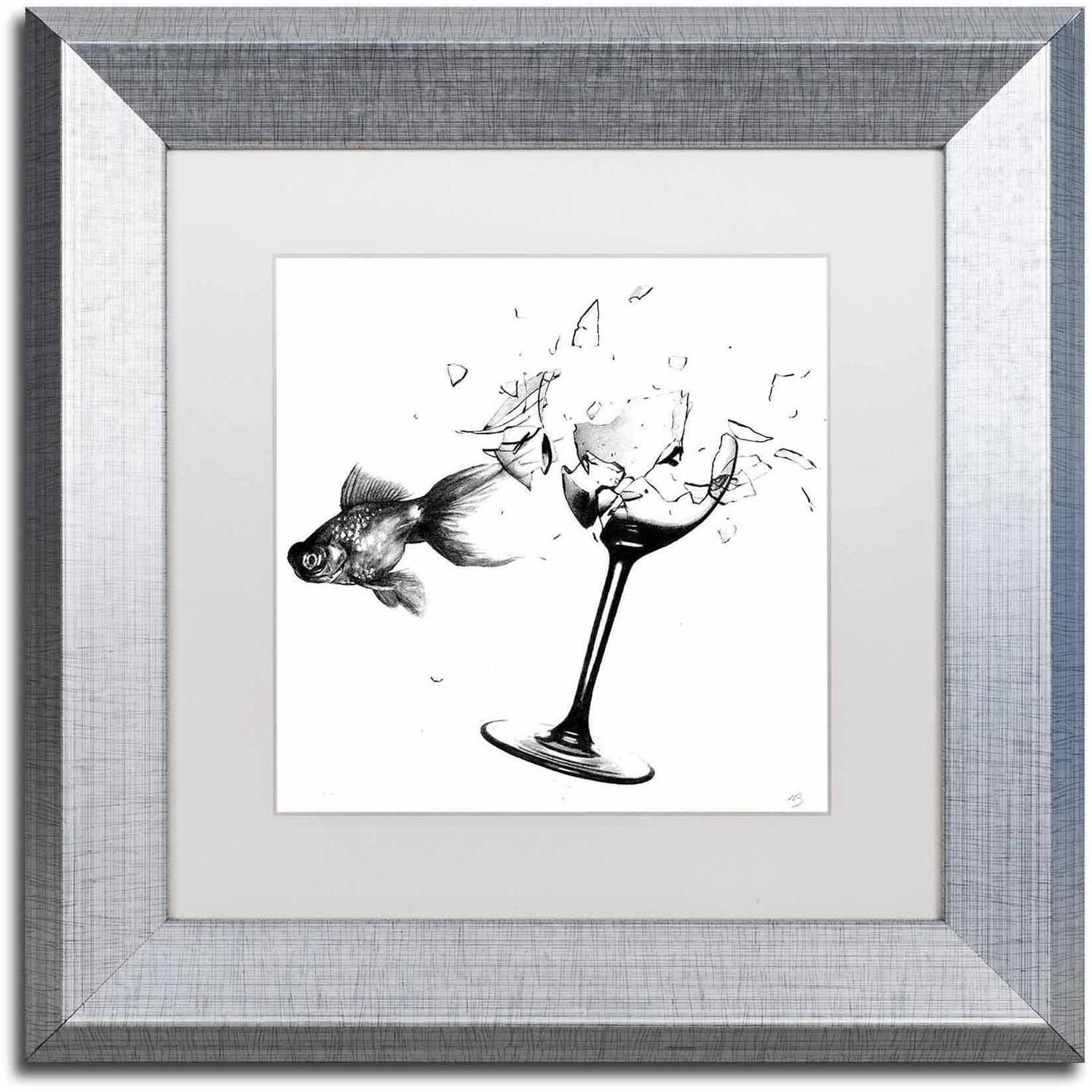 Nick Bantock Fish & Wine Glass Black and White Canvas Art with Silver Frame