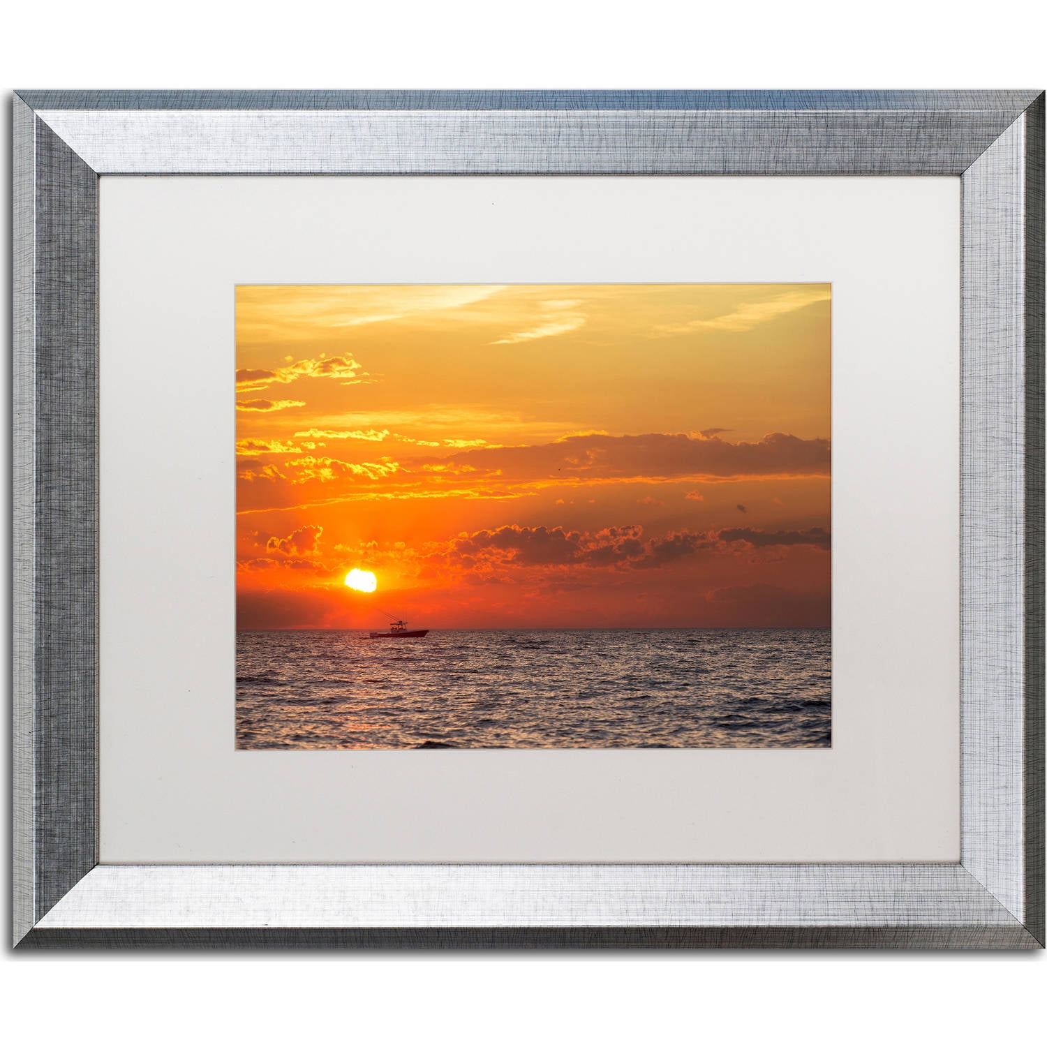 Trademark Fine Art "Fishing Boat Sunset" Canvas Art by Jason Shaffer, White Matte, Silver Frame