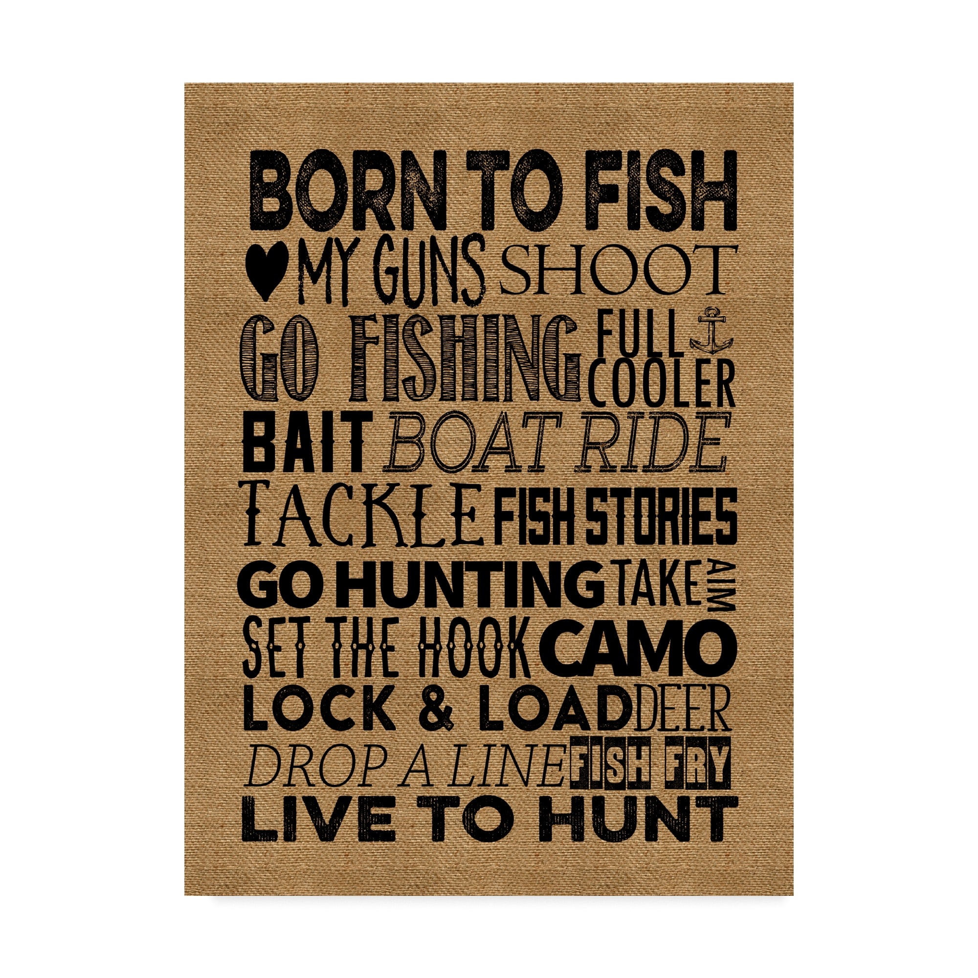 Trademark Fine Art 'Fishing Hunting Burlap' Canvas Art by Marcee Duggar
